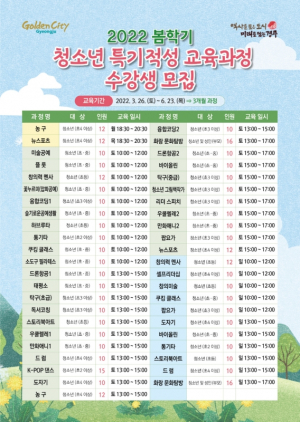 경주시, 청소년 봄학기 특기적성 교육과정 수강생 모집