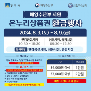 경주시, 전통시장 3곳 수산물 구입시 `온누리 상품권` 최대 2만원 환급