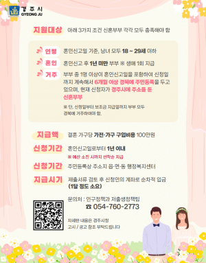 경주시, 20대 신혼부부 혼수비용 100만원 지원