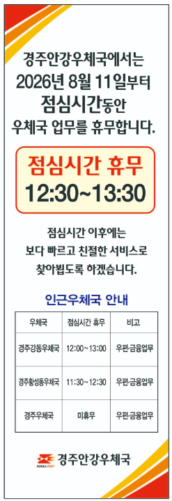 경주안강우체국, 점심시간 휴무제 확대 시행